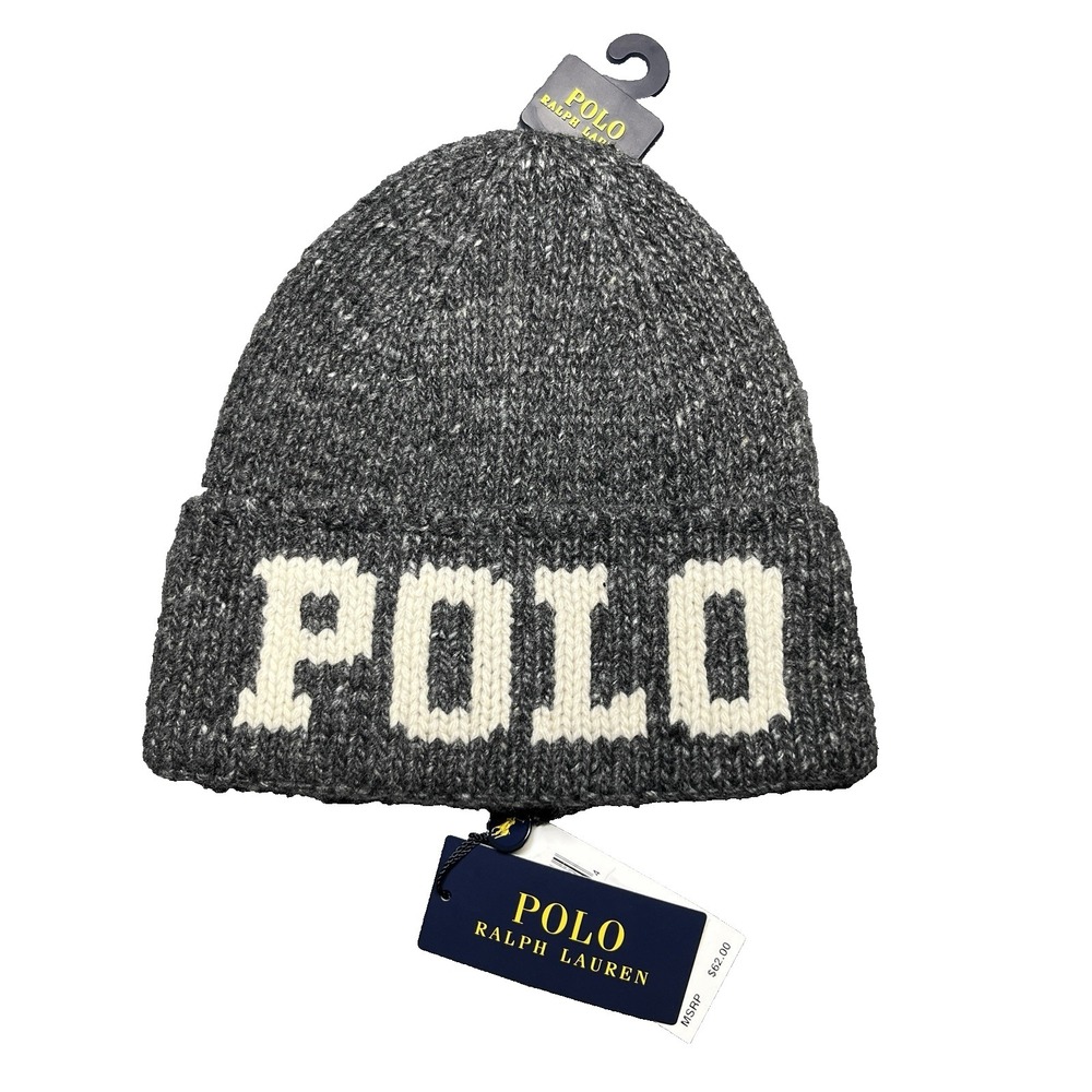 NWT Polo Ralph Lauren Wool Beanie Spell Out RL67 Chain Stitch Logo Knit Gray $62